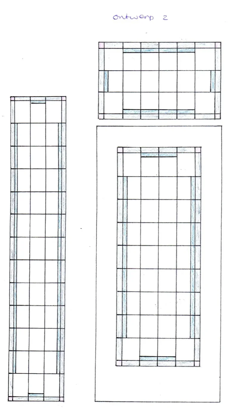 Handgetekende glas-in-lood ontwerpschets met loodlijnen en kleuraanduiding